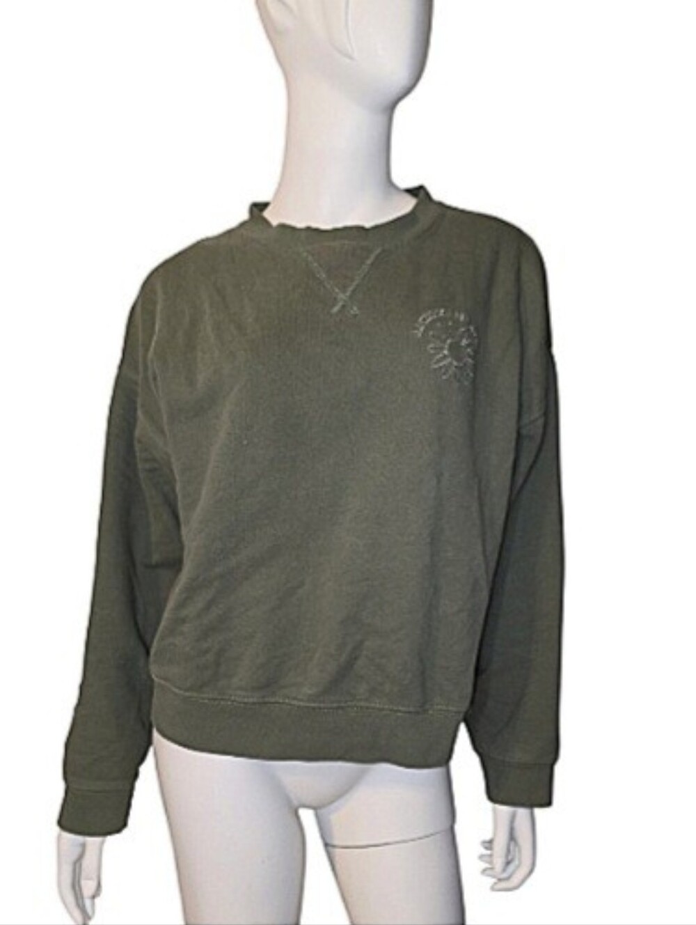 American Eagle Olive Green Daisy Graphic Crewneck Sweatshirt Size Small